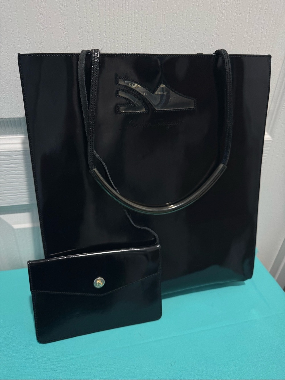 Salvatore Ferragamo Black Patent Tote Bag